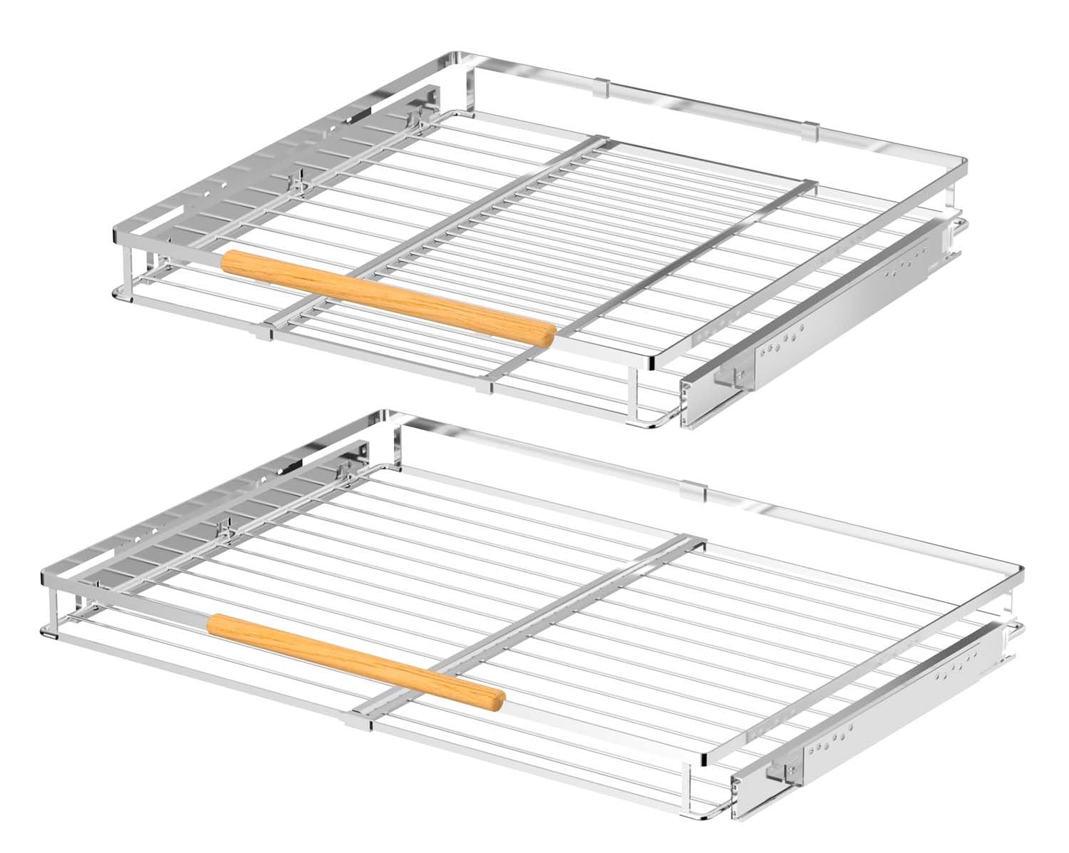 Expendable Pull Out Cabinet Organizer Slide Out Kitchen Organisation Shelf Heavy Duty Stainless Steel Gliding Cupboard Shelf Rack for Cabinet Pantry Closet Under Sink Divider, Chrome, 2Packs