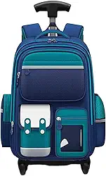 Mochila Escolar com Rodinha, Compartimento para guardar lap?s, caneta e objetos mochila de carrinho resistente ? ?gua (Azul/verde)
