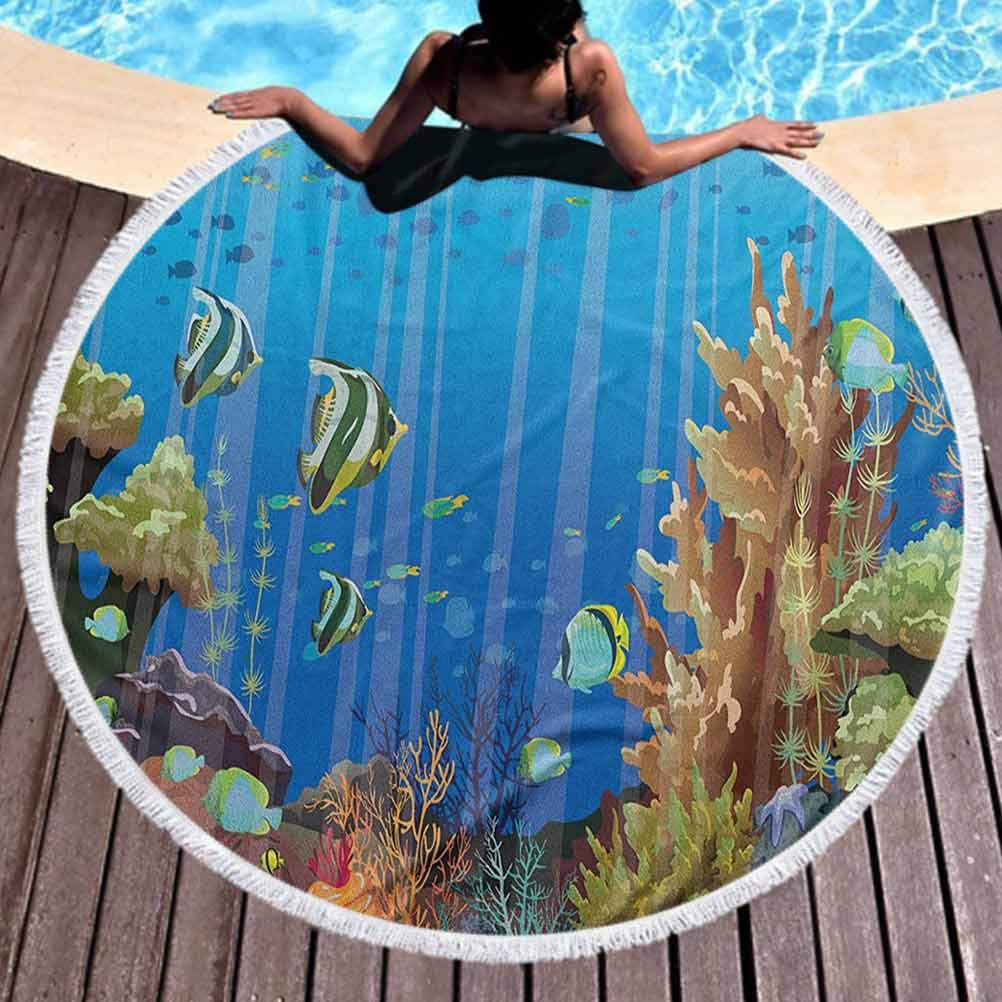 Round Beach Mat Marine Popular Handicrafts Beach Towel Majestic Universe Deep Underwater World Exotic Coral Reef with Sea Creatures Nature for Travel, Gym, Camping Multicolor (Diameter 59")