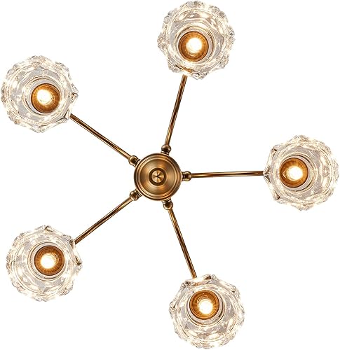 Miniatura 6 de ZILANL Lámpara colgante de cristal dorado con 5 luces, estilo rústico, acabado de latón envejecido cepillado mate con pantalla de cristal para isla