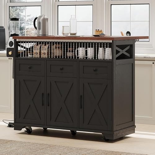 46.5'' Farmhouse Kitchen Island with Drape of Beads, Power Outlet, Rolling Kitchen Cart on Wheels with Drop Leaf, 3 Doors , 3 Drawers and Internal Iron Shelf, for Kitchen, Dining Room, Black