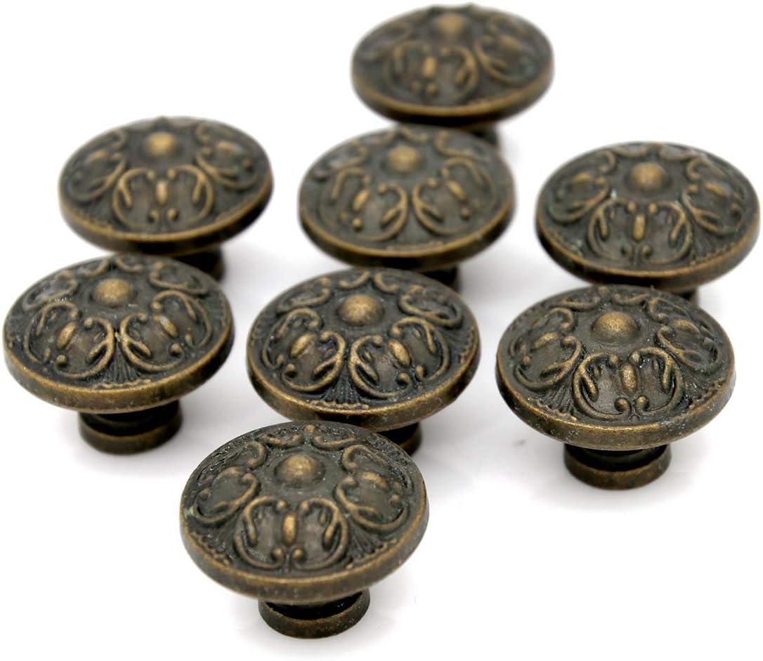 LXZ 8 PCs Vintage Antique Bronze Knob Handles - Drawer Knob Pulls with Embossing, Diameter 1.1-in (29 mm) Height 0.9-in (22 mm)
