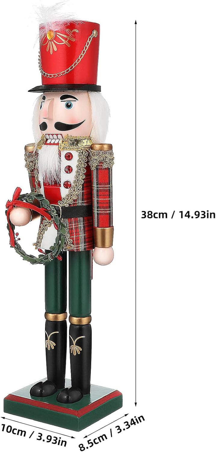 VALICLUD Christmas Nutcracker Soldier Figurine 38cm Wooden Festival Nutcracker Decoration with Red Body and Green Base for Xmas Table and Holiday Scene Layout