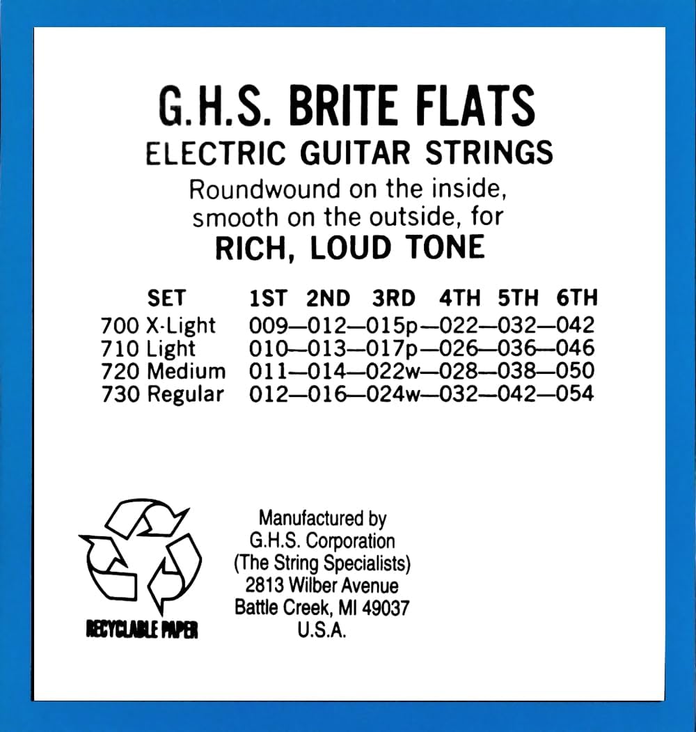 GHS String - Brite Flats - Flatwound Guitar Strings - Alloy 52 - Smoother Flat Surface Extra Bright Tone - Regular Gauge - (730 SET) - 12-54