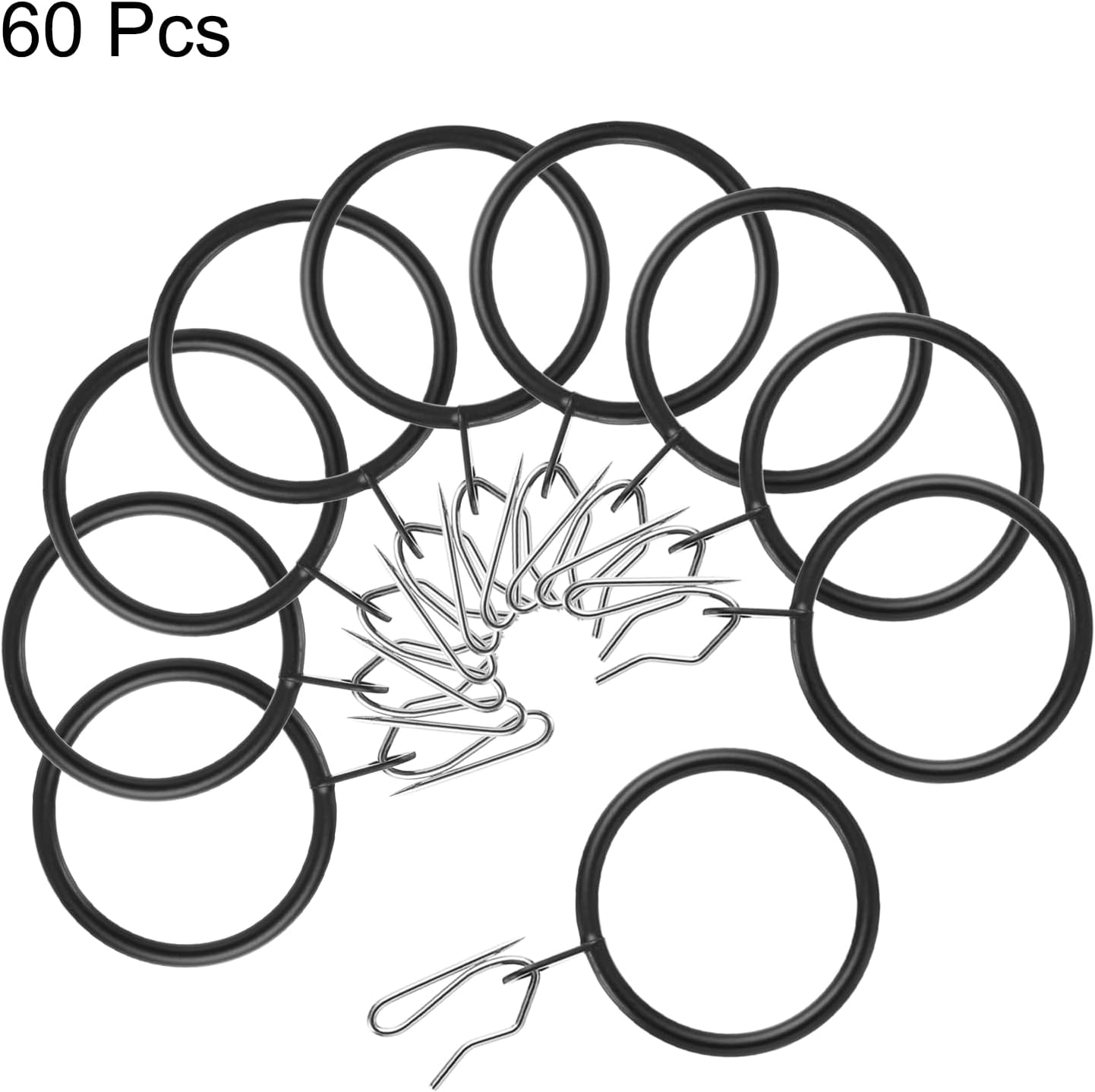 uxcell 60pcs 1.5-Inch Inner Diameter Metal Curtain Hook Rings Black Drapery Eyelet Sliding Curtain Rings with Pin-on Drapery Hook Curtain Hooks
