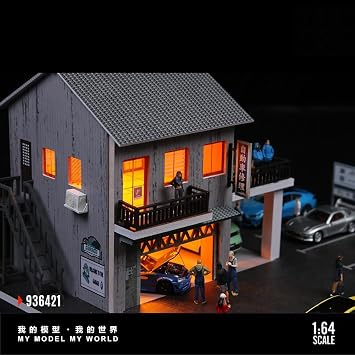 Diorama 1/64 Garage Model, LED Lighting Parking Lot Scene Display Case for Diecst Model Cars Building Model Garage (Japanese Repair Shop)