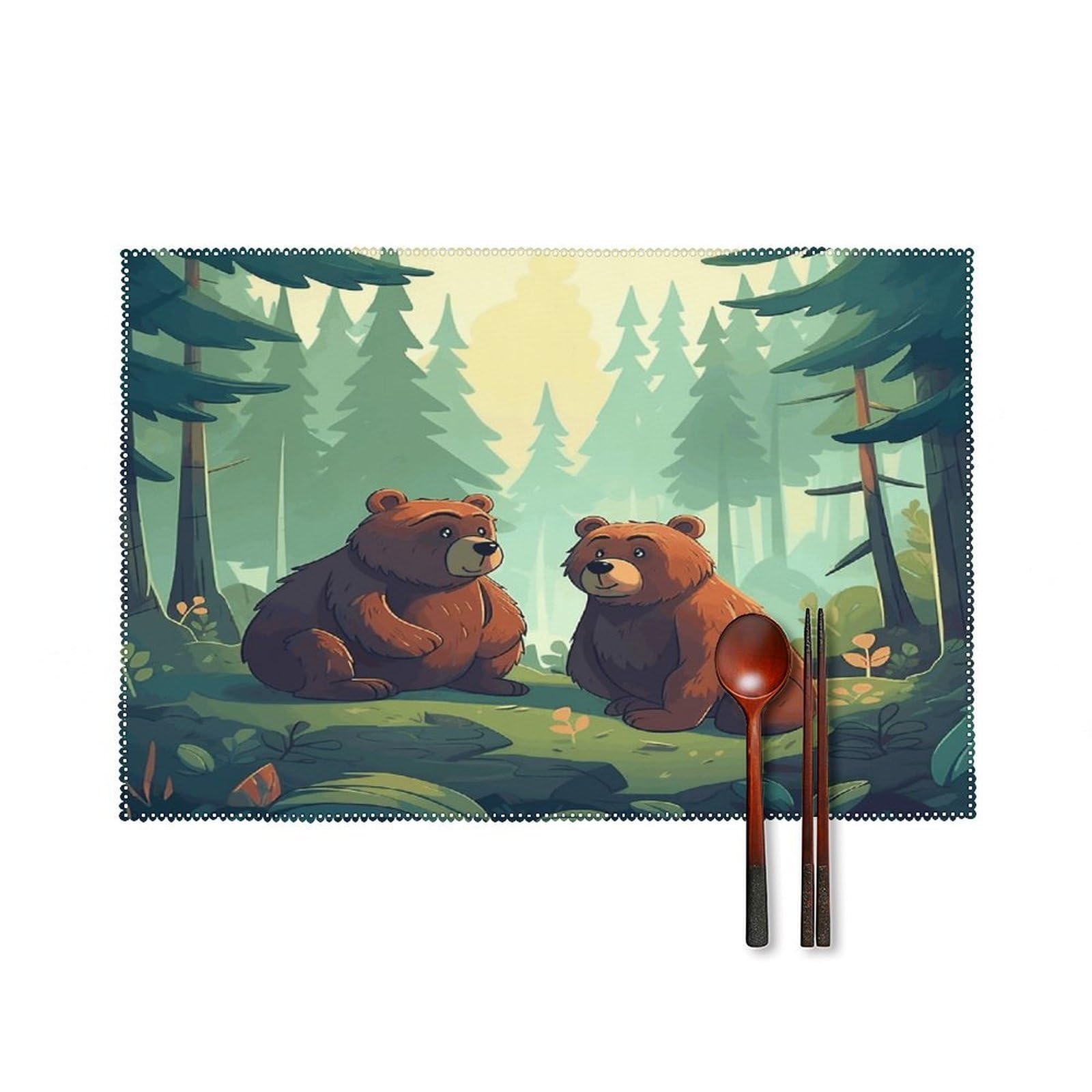 Btcowzrv Style Hand Drawn Bear Canvas Placemats Set Of 6, Wipeable Washable Place Mats For Indoor & Outdoor, Table Mat Decor For Kitchen Dining Party
