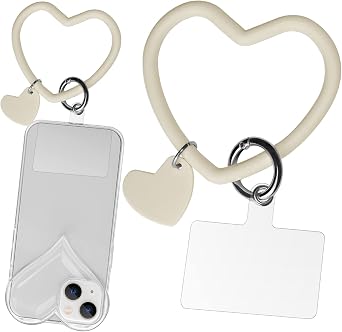 Silicone Heart Loop Phone Lanyard, Cell Phone Hand Wrist Lanyard Strap with Key Chain Holder, Universal Compatible with Phone Case Anchor Fit All Smartphones-Beige