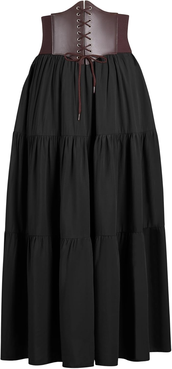 YESSA Womens Renaissance Flowy Skirt with Corset Belt,High Waist Ren Faire Medieval Skirt with Pocket,Pirate Costumes Outfit