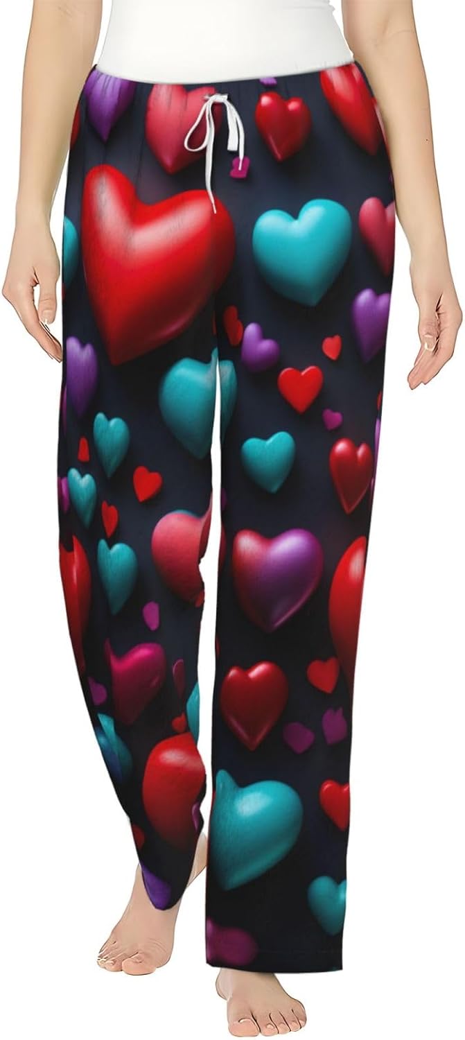 Romantic Reds Heart Print Cozy Flannel Pajama Pants For Women,Warm Christmas Pj Pants,Cute Fleece Pajamas
