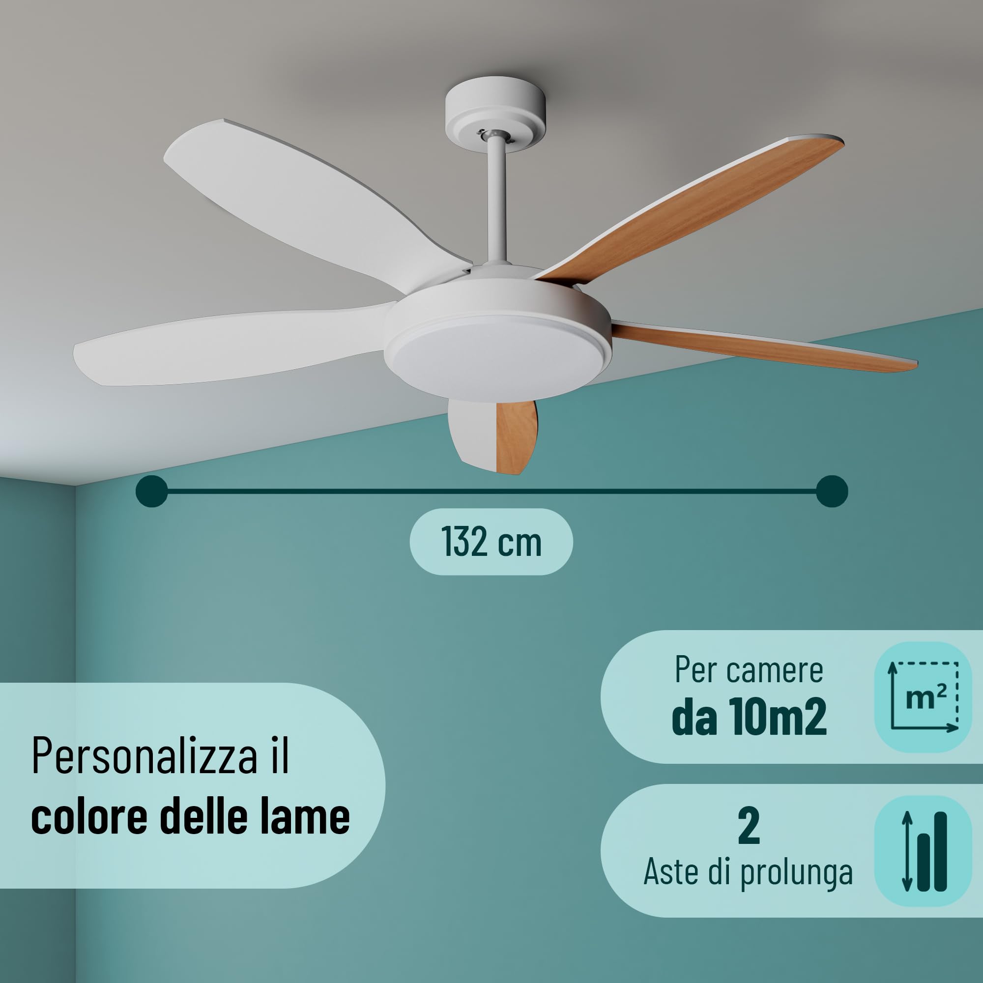Noaton® Maia Ventilatore da soffitto con illuminazione, bianco/acero, diametro 132 cm, motore DC 41 W, LED 24 W, telecomando, portata d'aria fino a 198 m3/min, asta di prolunga 15/25 cm