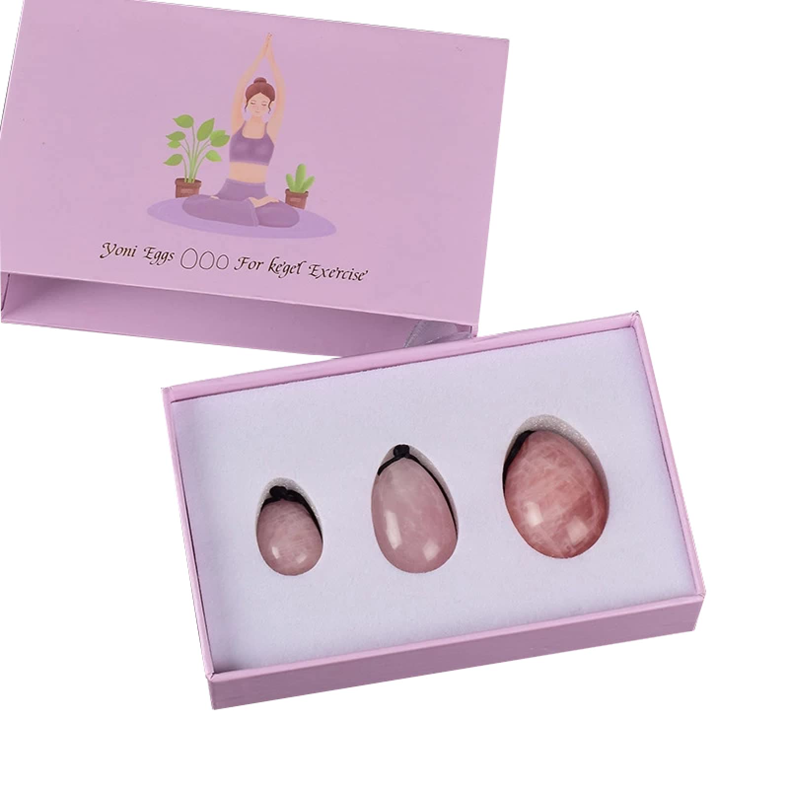 Natürliche Rosenquarz Yoni Ei Set Jade Ei Vaginalmuskelstraffung Kegel Übung Kristall Yoni Zauberstab Damenhygiene Massagestein, gebohrtes Ei mit Box