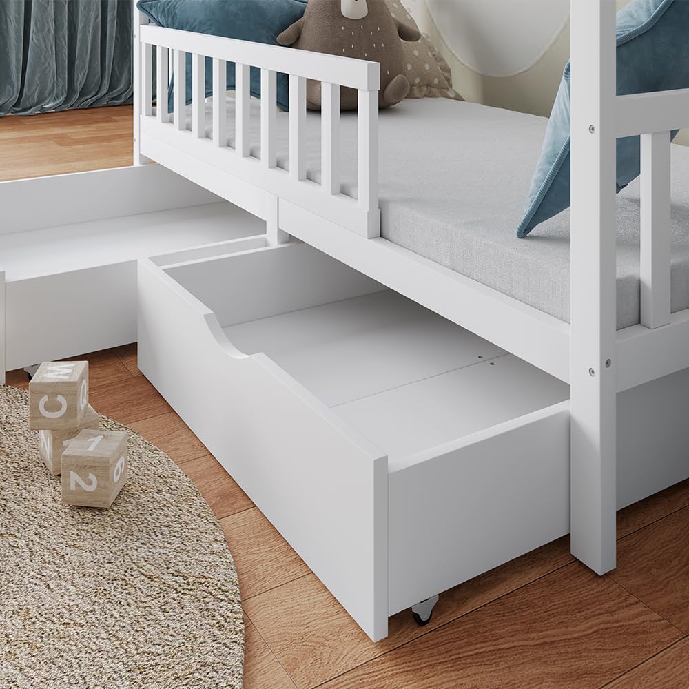 VitaliSpa Letto montessori bambini Franka, Bianco, 80x160 cm con 2 cassetti e materasso, adatto per materassi fino a 90x200 cm e combinabile