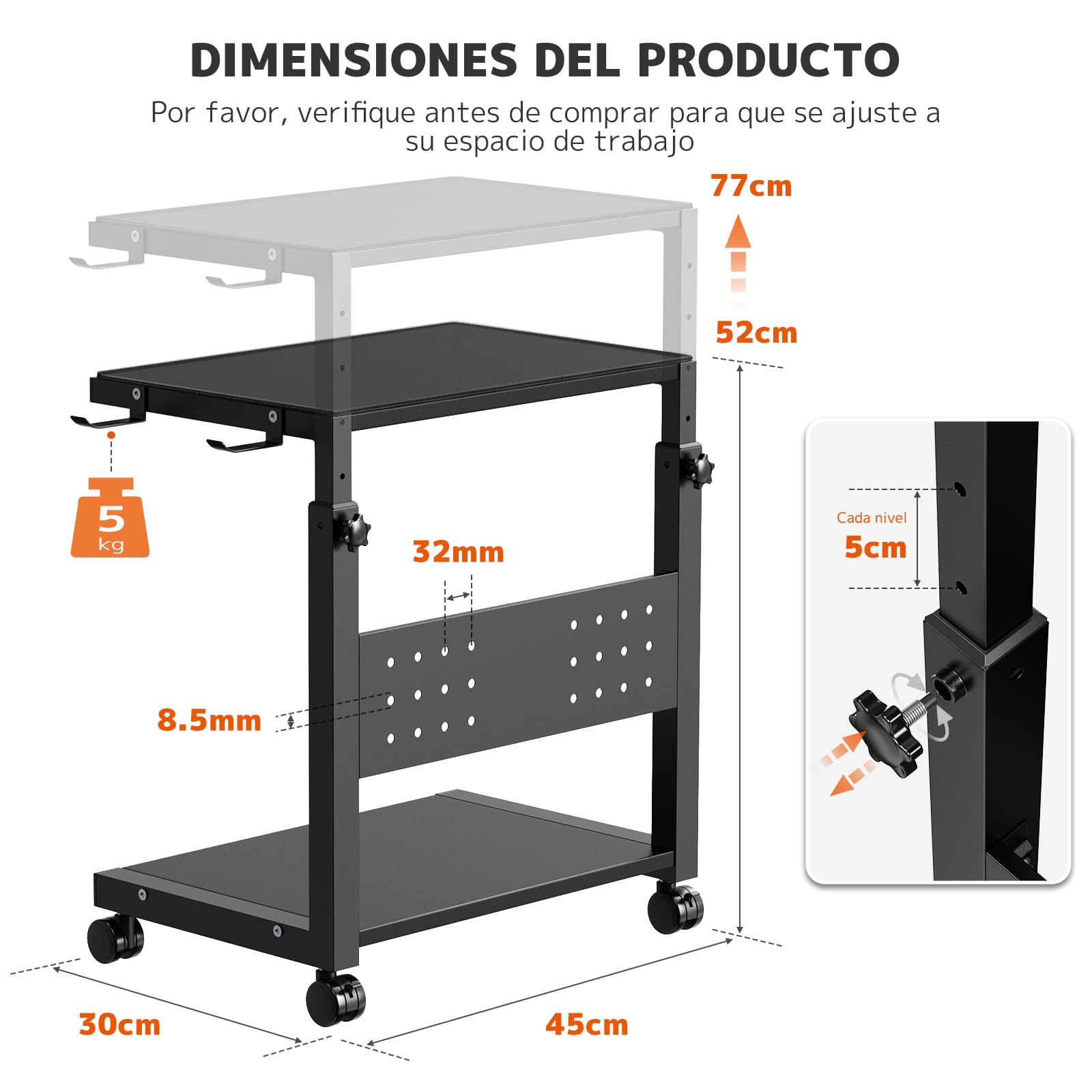 Soporte Torre PC Altura Ajustable 2 Niveles, con Ruedas y Alfombrilla, para Carcasas ATX hasta 40kg/Nivel, Soporte bajo Escritorio para Ordenador e Impresora, Negro