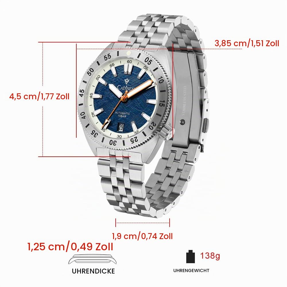 CADISEN Automatik Uhr Herren Mechanische Automatikuhr Saphirglas Klingeln Wasserdicht Homage Edelstahl Armband