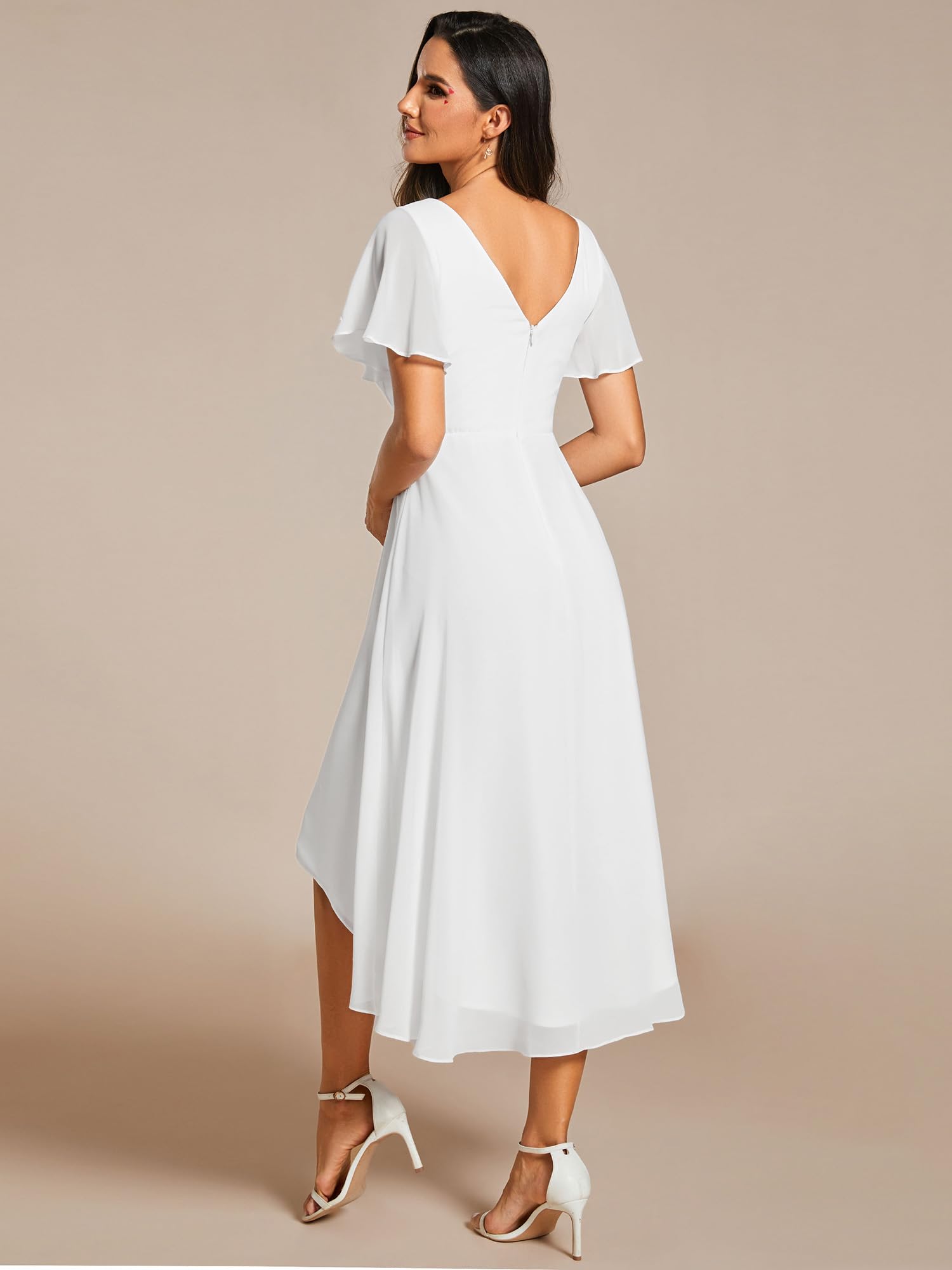 Ever-Pretty Robe de Soirée High Low Col V Robe D'Invité Manches Courtes A Line Blanc42