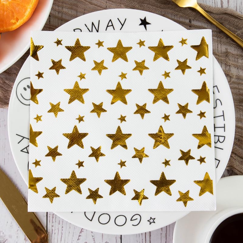 Serviette Papier Star Cartoon D'Or Serviette de Table Anniversaire Jetables Cocktail Mariage Décoration de Table pour les Partys Célébrations Papier Toilette 30 Paquet(33x33cm)