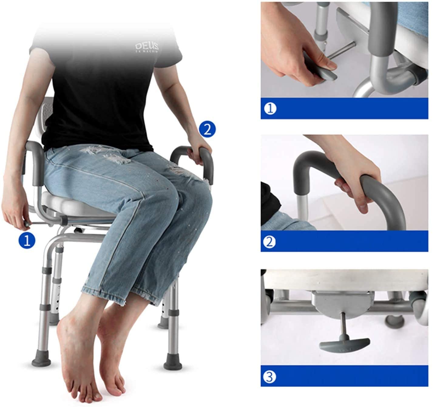 CHEWYNP Silla de Ducha Asiento de Ducha de Altura Ajustable para Trabajo Pesado con Brazos y Respaldo Taburete de Ducha de baño Giratorio Antideslizante, para Ancianos Instalaciones Auxili