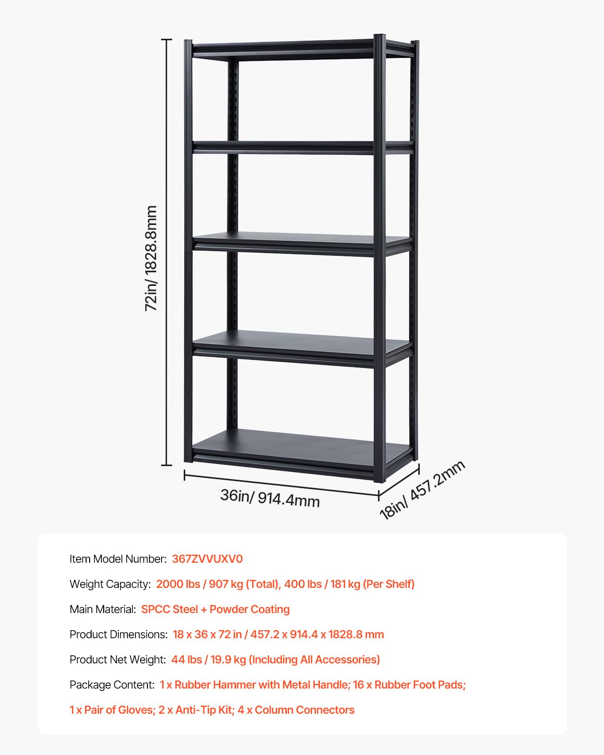 VEVOR Estantes de Almacenamiento de 5 Niveles de 457,2 x 914,4 x 1828,8 mm Capacidad de Carga Total de 907 kg, Estantes de Metal Ajustables para Garaje, Cocina, Almacén, Sótano, Trastero, Negro