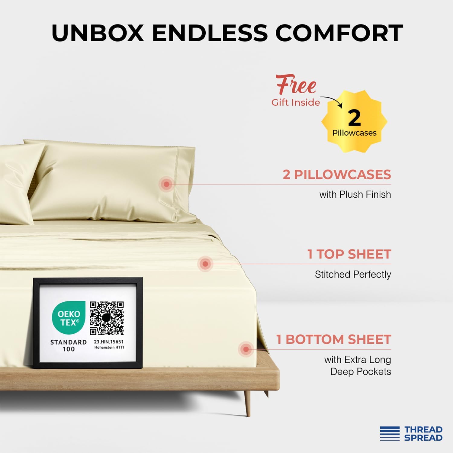 THREAD SPREAD 100% Egyptian Cotton Sheets Queen Size - 1200 Thread Count 4 PC Sheet Set Egyptian Cotton, Sateen Weave Luxury Sheets Queen Size, High Thread Count Sheets, 17" Deep Pocket - Ivory - Image 3