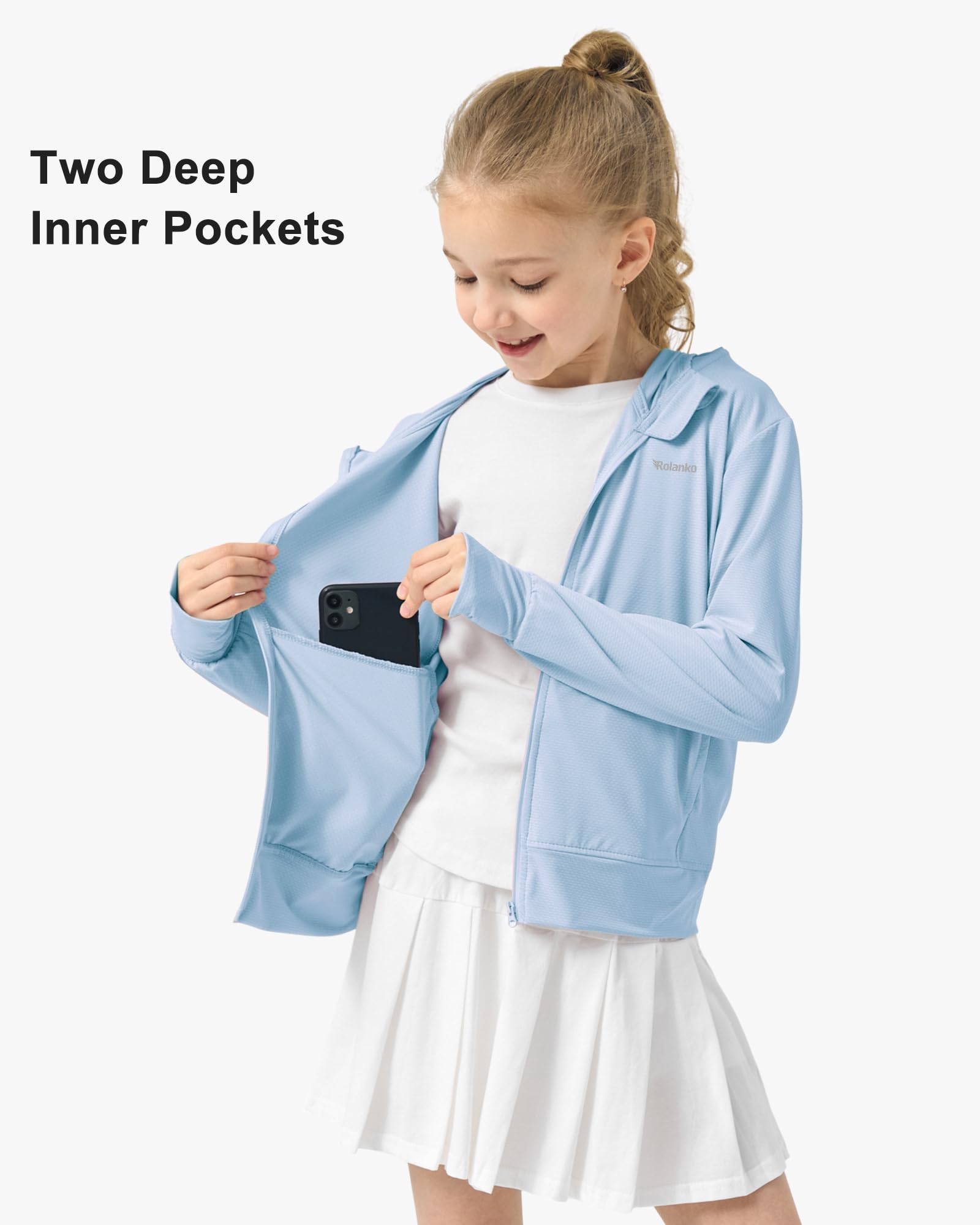 Rolanko Chaqueta de Verano para Niñas Agujeros para los Pulgares Manga Larga Protección Solar Secado Rápido Sudadera con Capucha y Cremallera Tops para Niños