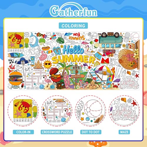 Image of Gatherfun Hello Summer coloring tablecloths, 31.5 x 72 Inch Beach Party Coloring Banner, Paper Table Cover for Summer School Party Supplies, Special Events Decoration, beach Party Decorations