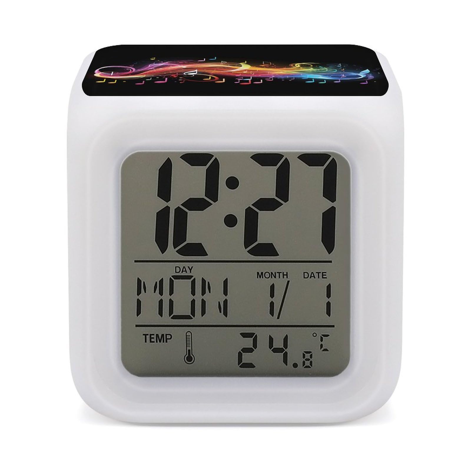 JTREHY 7 Color Changing LED Digital Alarm Clock,Rainbow Musical Note Melody Printed Wake-up Clock with Temperature Display Home Decoration Alarm Clock for Bedroom Office