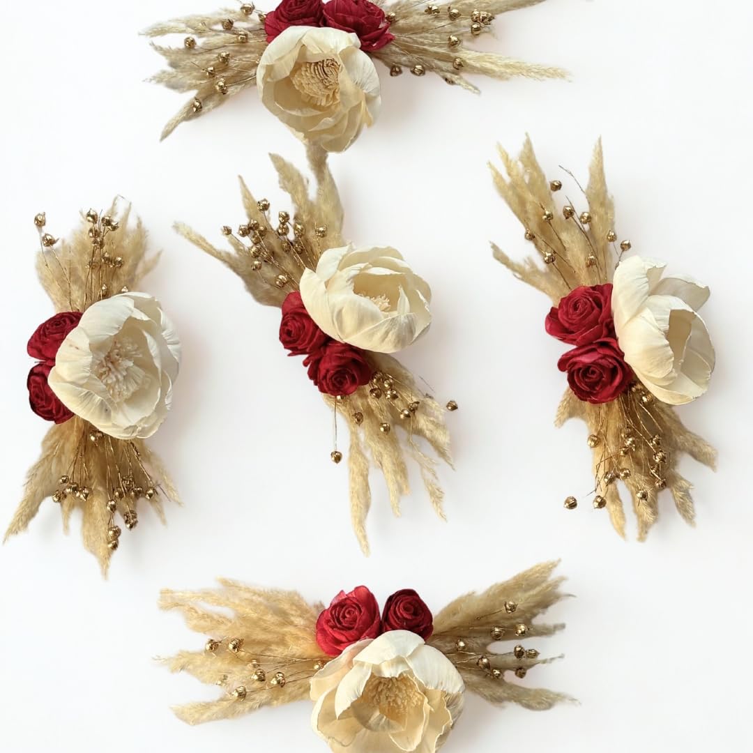 Idika Living Set of 5 Dried Flower Bunches for Hampers | Handmade Sola Wood Flower Bunch for Trousseau Packing, Gift Hampers, Wedding Trays, Brooch & DIY Crafts (Hamper Attraction - Red Florals)-image-37