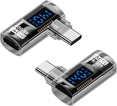 Jadebones 2 Pack 90 Degree USB C Adapter with Digital Display, 140W Right Angle USB-C Male to Female Connector for iPhone 16/15 Series, MacBook, Support Voltage, Current and Power Smart LED Display