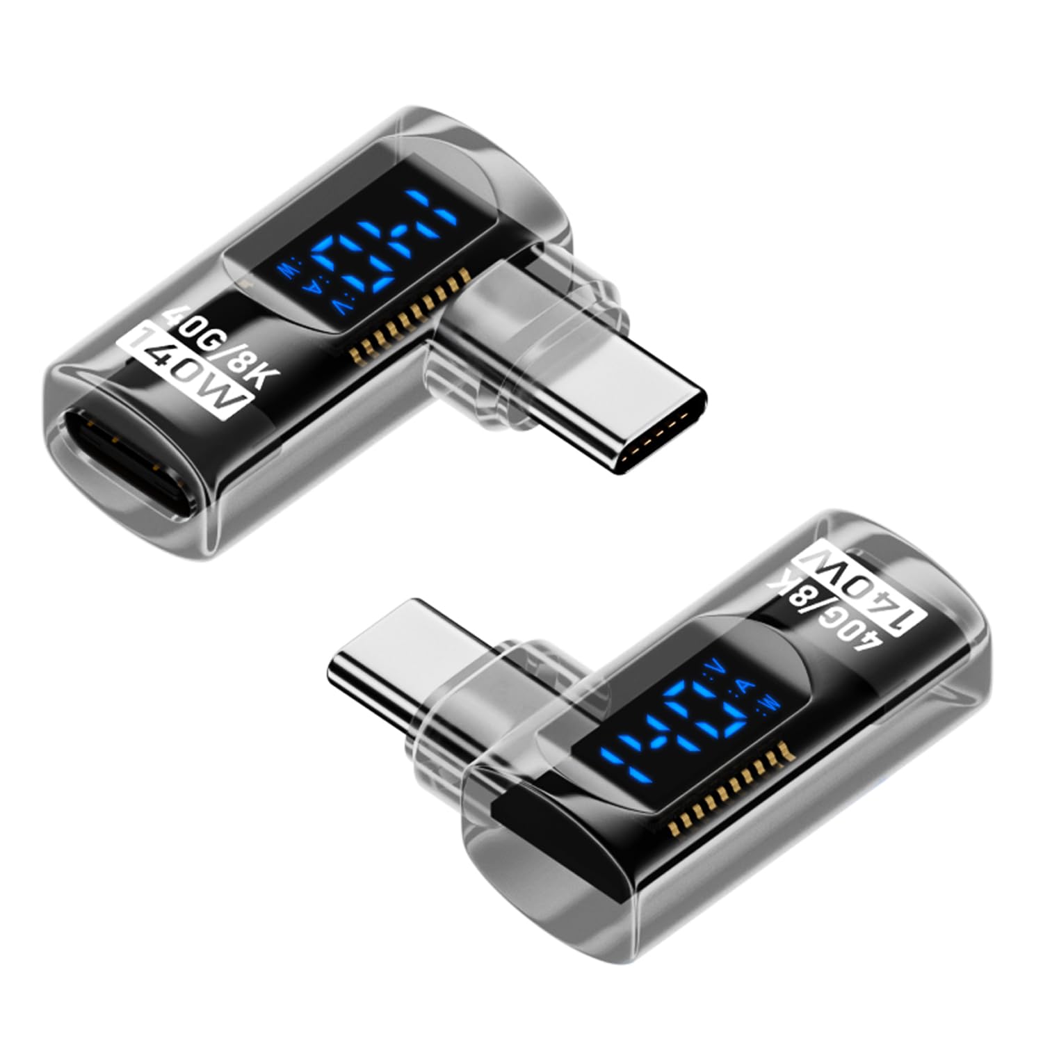Jadebones 2 Pack 90 Degree USB C Adapter with Digital Display, 140W Right Angle USB-C Male to Female Connector for iPhone 16/15 Series, MacBook, Support Voltage, Current and Power Smart LED Display