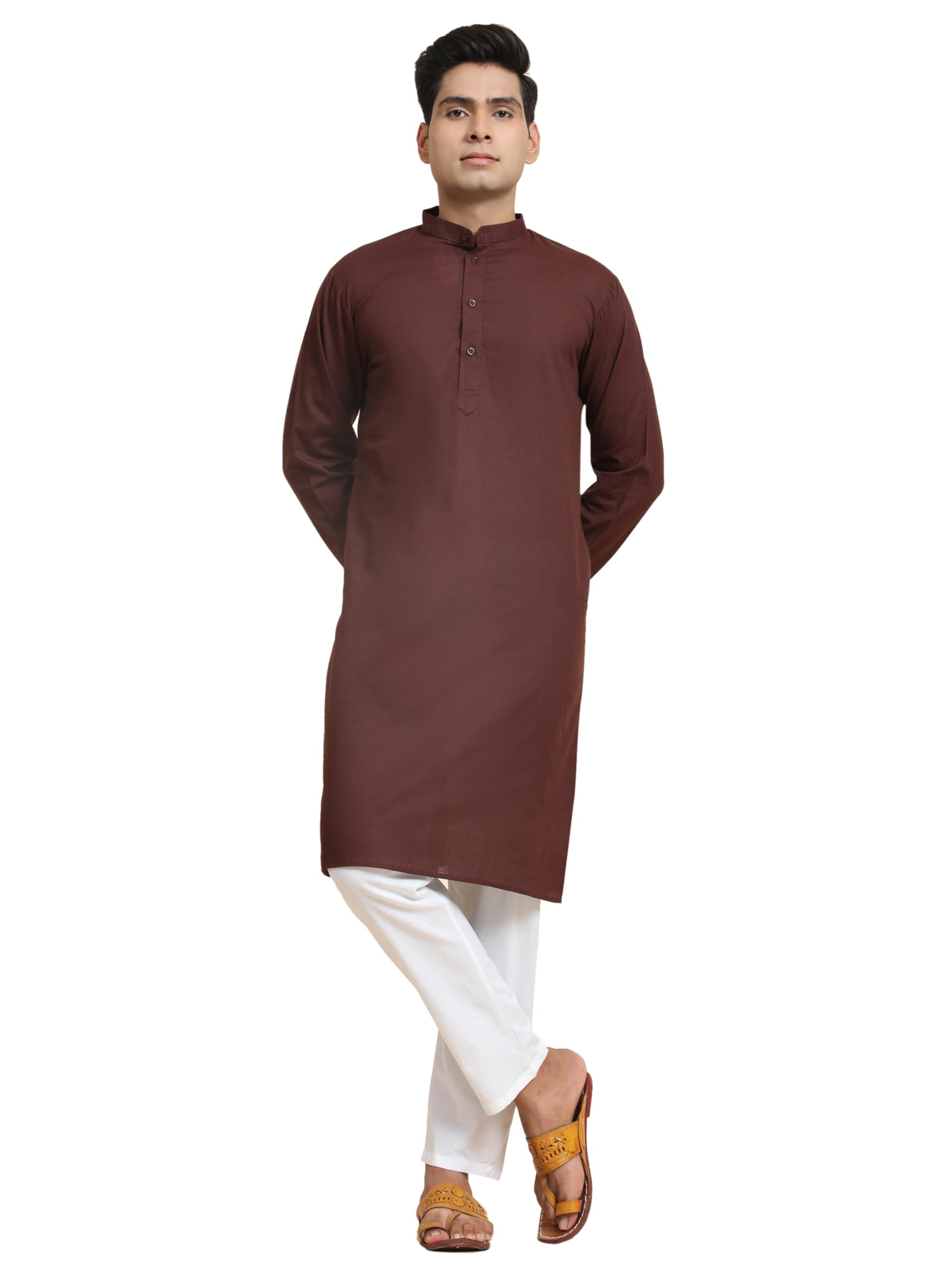 Amazon Brand - AnarvaMen's Pure Cotton Solid Kurta Pajama Set Mandarin Collar Casual Yoga Dress