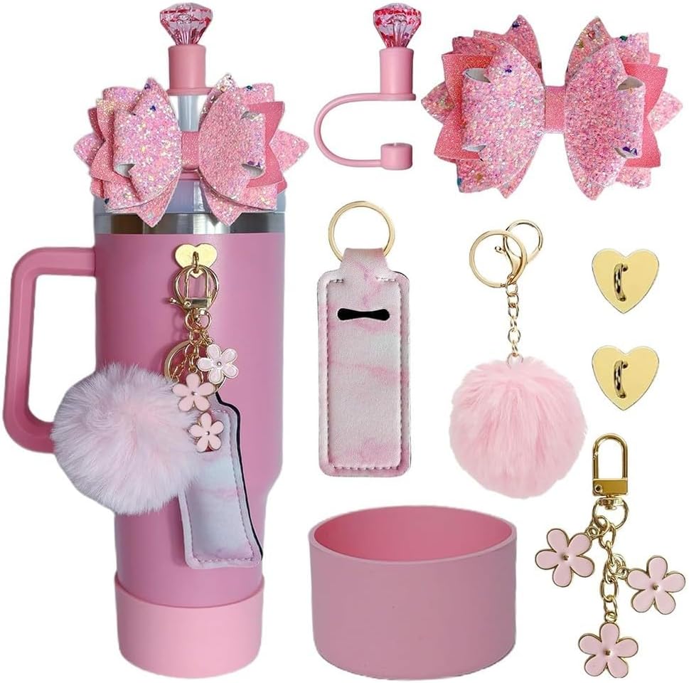 FABULETTA 8-Piece Water Cup Accessories Set for 30 oz and 40 oz Tumblers — Silicone Cup Chains with Glitter Bow & Pompom Flower Key Pendants, Travel-Friendly(pink)