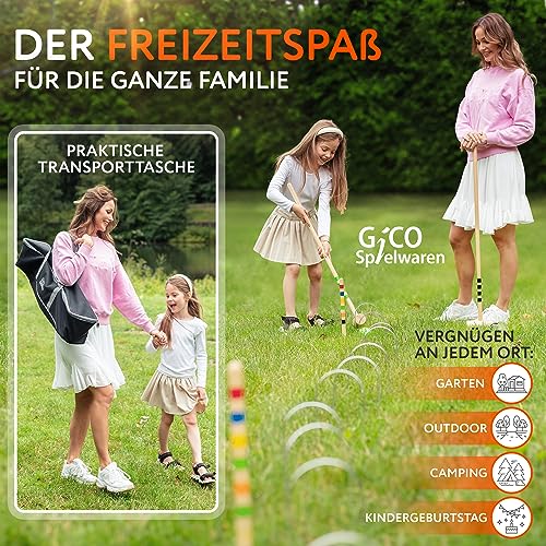 GICO Hochwertiges Krocketspiel für 6 Spieler in Transporttasche mit Spielanleitung - Schlägerlänge 80 cm – EU Qualität – 3226