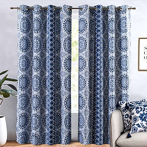 Driftaway Delfina Medallion Floral Watercolor Texture Printed Pattern Lined Blackout Energy Saving Thermal Insulated Window Curtain Grommet 2 Panels 52 Inch By 84 Inch Navy Blue #TOP12