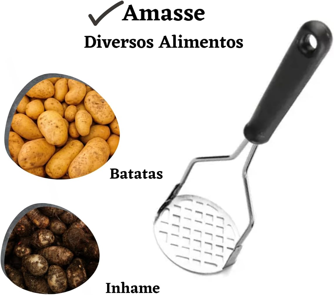 Amassador de Batata e Legumes Inox Manual Ergonômico Amassador Para Purê com Cabo Plástico Anti Calor