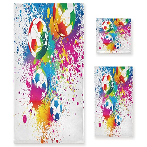 Juego de 3 toallas de baño de acuarela de fútbol deportivo, toallas absorbentes, 1 toalla de baño + 1 toalla de mano + 1 toallita para la cara, juego de 3 toallas multiusos súper suaves para baño