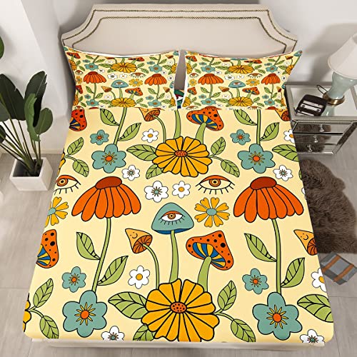 70S Groovy Flower Sheet Set Queen Size For Kids Boys,Boho Abstract Psychedelic Style Bed Sheet Retro Surreal Floral Eyes Pattern Bed Sheets Botanical Blossom Hippie Room Decor For Teens Girls #TOP1