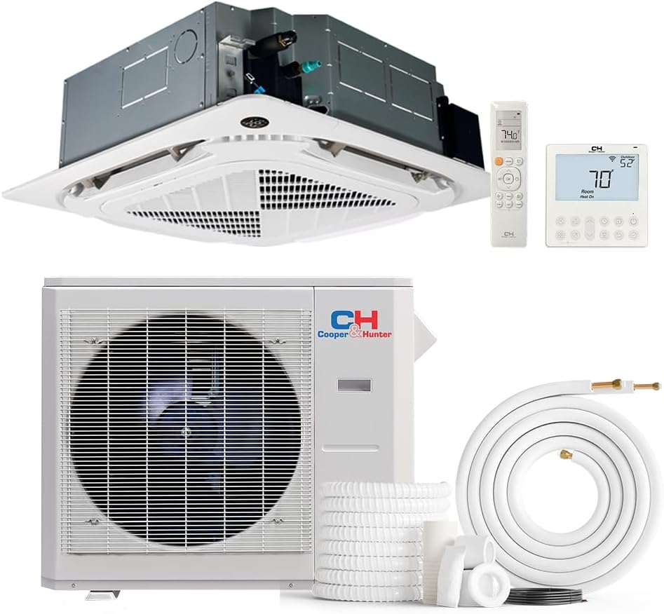 Cooper & Hunter 36,000 BTU 230V Ceiling Cassette Ductless Mini Split AC/Heating System – Includes 25FT Installation Kit, Smart Kit & Wall Thermostat – 20 SEER2 Cooling & Heating Inverter System