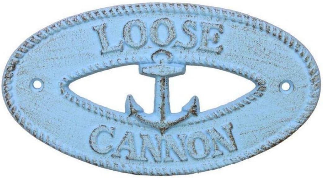 Hampton Nautical K-9310-solid-light-blue Rustic Light Blue Cast Iron Loose Cannon with Anchor Sign 8" - Decorative Metal Wall Art - Cast Iron
