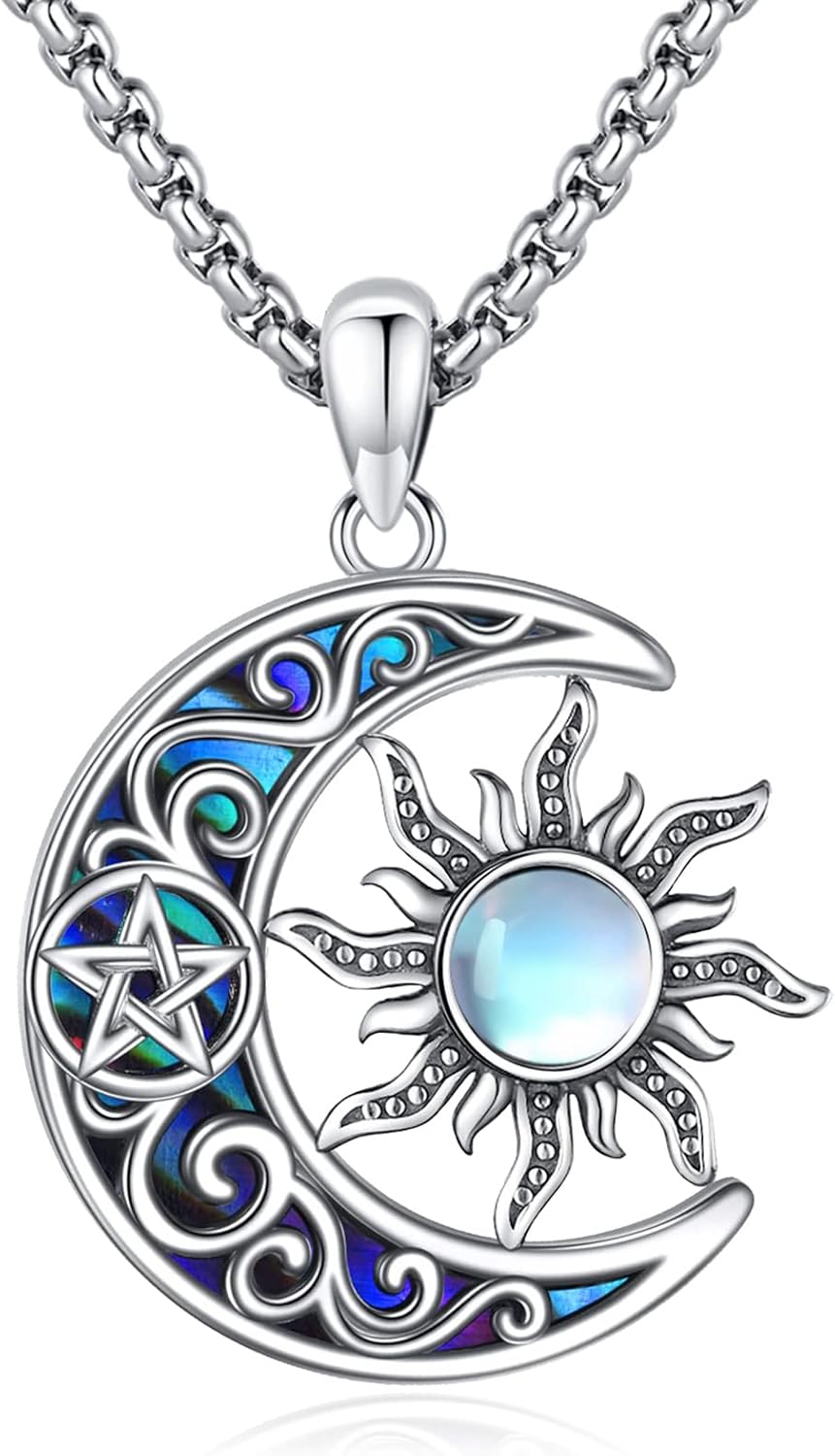 LOOVE Pentagram Necklace Sterling Silver Triple Moon Goddess/Celtic Knot Witches Knot/Ankh/Sun and Moon/Hecate/Lilith/Santa Muerte/Tetragrammaton Pendant Necklace Pagan Wiccan Magic Egyptian Amulet Jewelry for Women Men