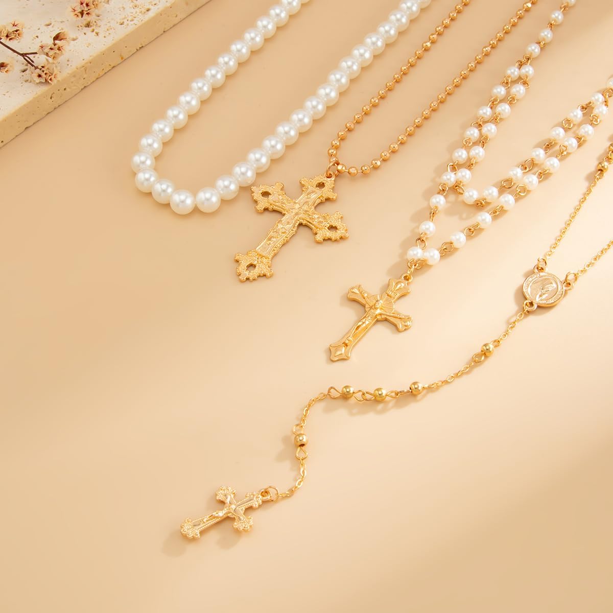 Silver Layered Cross Necklace Set For Women, 4Pcs Pearl Rosary Choker Chunky Christian Pendant Vintage Long Y Gold Necklace Stack Religious Statement Boho Gothic Adjustable Jewelry Gift - Image 2