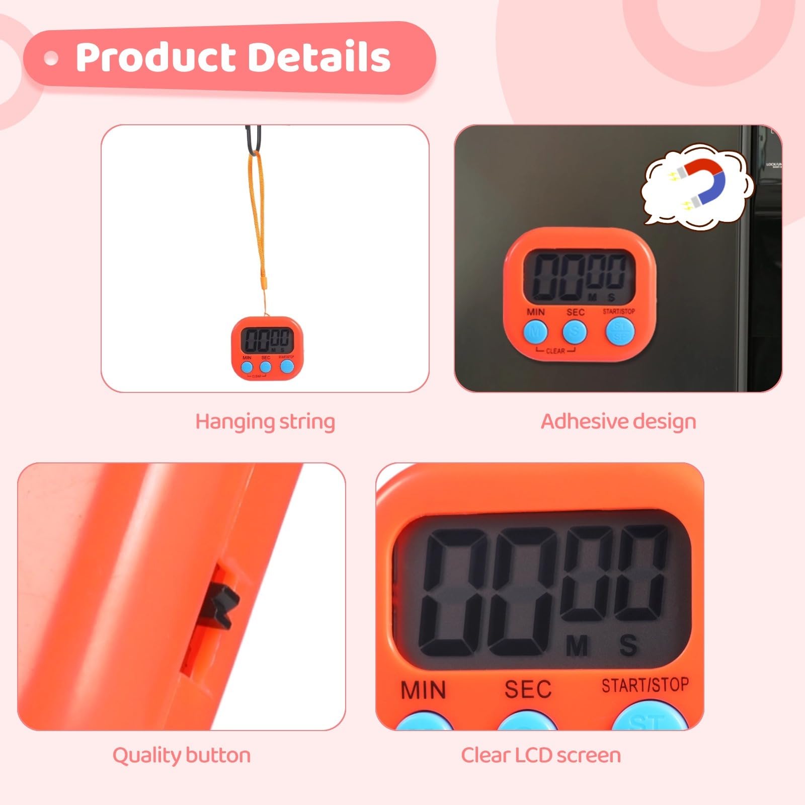24 temporizadores digitales, adherencia de metal, interruptor de encendido, cuenta regresiva de minutos y segundos, pantalla LCD grande, alarma fuerte para ejercicio, cocinar, hornear