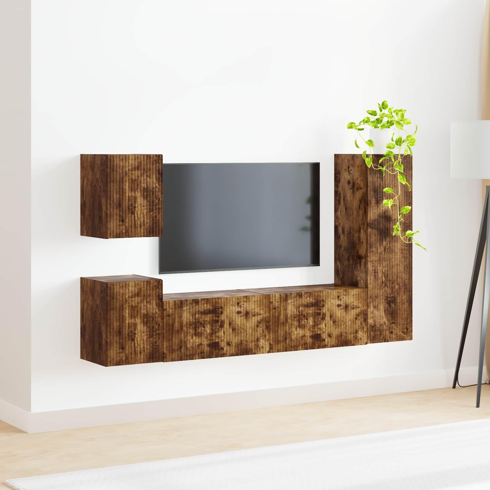 TV-Schrankset 4-teilig, Geräucherte Eiche Holzwerkstoff, Modernes Media-Center für Wohnzimmer, Wandmontage, Viel Stauraum