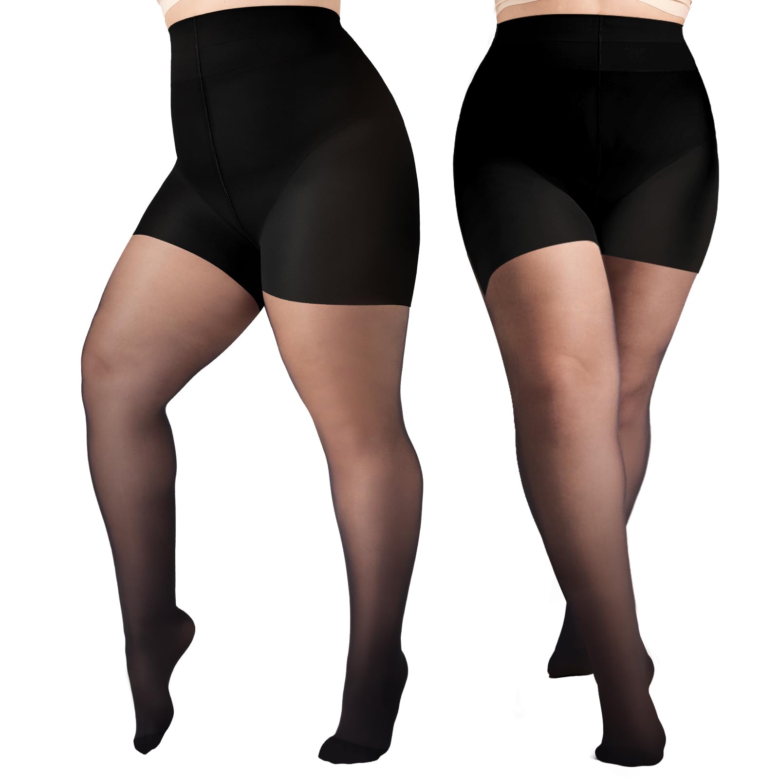 2 Pairs Plus Size Control Top Pantyhose Ultra-High Waist Tights