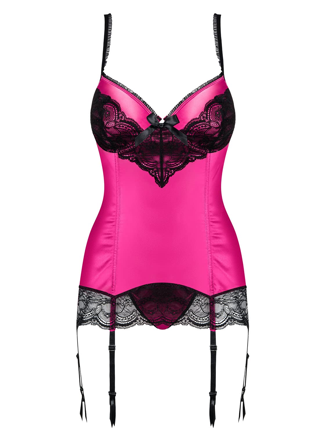 Selente Love & Fun: Set di Lingerie con Bustino Aderente con Inserti in Pizzo, Reggicalze e Perizoma, Oltre a Una Benda per Gli Occhi in Raso, Taglia S-M, Rosa/Nero
