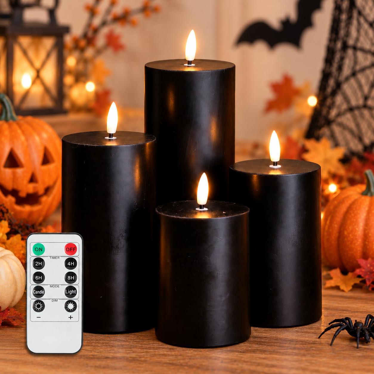 JOIONE Black Flameless Pillar Candles with Remote, 4 Pack Halloween Decor