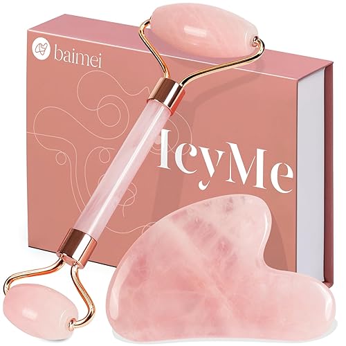BAIMEI IcyMe Jade Roller & Gua Sha, Face Roller Redness Reducing Skin Care Tools, Self Care Pink Gift for Men Women, Massager for Face, Eyes, Neck, Relieve Fine Lines and Wrinkles - Rose Quartz - Pink