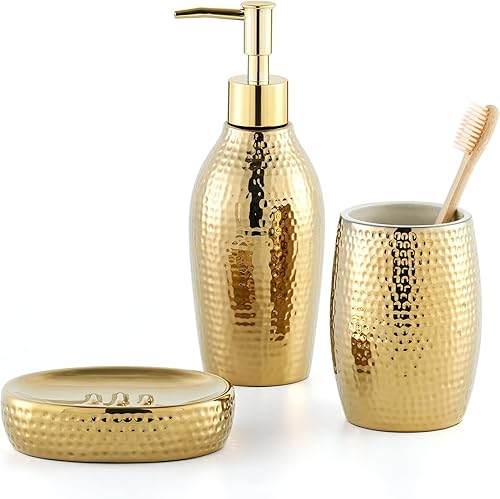 Miniatura 8 de Juego de accesorios de baño dorados, 3 piezas decorativas de cerámica con dispensador de jabón de loción, soporte para cepillos de dientes, vaso y