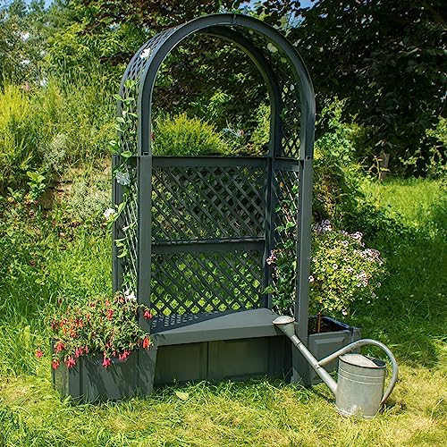 NYVI Gartenbank NYVIGreen 2-Sitzer 174x49x207 cm mit Pflanzkästen & Rosenbogen & Spalier - Sitzbank aus wetterfestem & recyceltem Kunststoff - Pflegeleicht, Steckmontage ohne Werkzeug, Farbe:Anthrazit