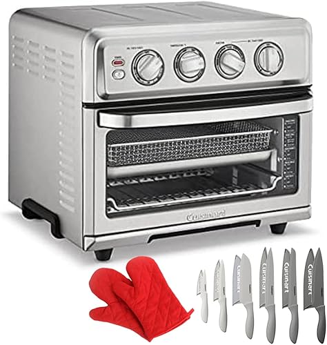 Miniatura 1 de Cuisinart TOA-70 - Horno tostador con parrilla de acero inoxidable negro con paquete Deco Chef par de guantes de horno rojos resistentes al calor y